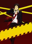 adachi_tooru black_eyes black_hair caution_tape formal grin hand_behind_head hand_in_pocket highres looking_at_viewer loose_clothes loose_shirt male_focus necktie pants persona persona_4 shirt smile solo spoilers srbwabg standing suit 
