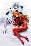  ayanami_rei blue_eyes blue_hair bodysuit breasts elise_trinh impossible_clothes long_hair medium_breasts multiple_girls neon_genesis_evangelion on_bed plugsuit red_eyes small_breasts souryuu_asuka_langley two_side_up white_bodysuit 