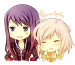  1girl :d ayamisiro blue_hair chibi closed_eyes estellise_sidos_heurassein long_hair open_mouth pink_hair purple_hair simple_background smile tales_of_(series) tales_of_vesperia translation_request white_background yuri_lowell 