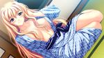  amasaka_takashi blonde_hair blush breasts dutch_angle game_cg indoors koimekuri_clover long_hair medium_breasts niina_ayami purple_eyes robe sitting smile solo 