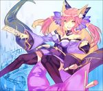  animal_ears bad_id bad_pixiv_id bare_shoulders bow breasts cleavage detached_sleeves fate/extra fate_(series) fox_ears fox_tail hair_bow hair_ribbon japanese_clothes medium_breasts obi ofuda pink_hair ribbon sash solo tail tamamo_(fate)_(all) tamamo_no_mae_(fate) thighhighs toro96popo twintails yellow_eyes 