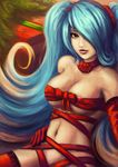  artist_request blue_hair breasts brown_eyes choker elbow_gloves gift gloves league_of_legends medium_breasts multicolored_hair naked_ribbon nipple_slip nipples ribbon solo sona_buvelle twintails two-tone_hair 
