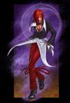  belt crescent_moon fire hair_over_one_eye male_focus ml.e moon purple_fire realistic red_hair solo the_king_of_fighters yagami_iori 