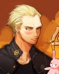  bad_id bad_pixiv_id blonde_hair blush ear_piercing face grey_eyes jacket jacket_on_shoulders jewelry lowres male_focus mulverry necklace persona persona_4 piercing scar solo stuffed_animal stuffed_toy sweatdrop tatsumi_kanji 