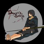  against_wall bandages barefoot black_hair blind copyright_name demon's_souls dirty_feet do-poi feet jewelry maiden_in_black necklace scar short_hair sitting soles solo souls_(from_software) toes 