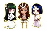  3girls aqua_eyes arrancar bangs barefoot bleach blue_eyes blue_hair blunt_bangs bob_cut breasts brown_hair bustier chibi cleavage crossed_arms cyan_sung-sun dark_skin emilou_apacci expressionless facial_mark franceska_mila_rose green_hair hands_on_hips heterochromia horn long_hair midriff multiple_girls open_mouth purple_eyes red_eyes short_hair skirt skull sleeves_past_wrists wavy_hair you_zasshoku 