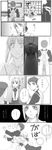  1girl 2boys ahoge apron archer blush comic cooking crying eating emiya_shirou fate/stay_night fate_(series) food fruit hair_ribbon highres hug hug_from_behind long_image long_sleeves monochrome multiple_boys orange oranges ribbon saber sad shirt skirt startled tackle tackle_from_behind tall_image tears translation_request trembling 