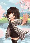  akemiho_tabi_nikki bad_id bad_pixiv_id bangs black_legwear brown_eyes cherry_blossoms cloud day dress fukube_tamaki kouno_hikaru looking_at_viewer open_mouth outstretched_arms short_hair sky solo spread_arms striped sweater thighhighs zettai_ryouiki 