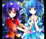  :d azumamutuki bad_id bad_pixiv_id blue_eyes blue_hair hair_ornament hair_rings hair_stick hat jiangshi kaku_seiga miyako_yoshika multiple_girls ofuda open_mouth outstretched_arms pillarboxed purple_hair red_eyes smile star touhou zombie_pose 