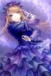  bad_id bad_pixiv_id blonde_hair brown_eyes frills gothic_lolita hat hinase_kanoto lolita_fashion long_hair nail_polish roman smile solo sound_horizon sword violette weapon 