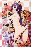  absurdres animal_ears arched_back ass bangs blue_hair blunt_bangs breasts brown_eyes censored checkered checkered_background convenient_censoring glasses highres kuroboshi_kouhaku long_hair looking_at_viewer looking_back medium_breasts nude original parted_lips scan sideboob slit_pupils tail tiger tiger_ears tiger_tail 
