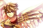  1boy angel blue_eyes brown_hair claws epic highres kid_icarus male male_focus minake nintendo pit pit_(kid_icarus) pixiv_thumbnail resized short_hair simple_background solo weapon white wings wreath 