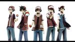  black_hair brown_eyes brown_hair dual_persona expressionless grey_eyes highres holding holding_poke_ball letterboxed multiple_boys odd_one_out pixiv_red poke_ball poke_ball_(generic) pokemon pokemon_(anime) pokemon_(classic_anime) pokemon_(game) pokemon_frlg pokemon_rgby pokemon_special red_(pokemon) red_(pokemon_frlg) red_(pokemon_rgby) red_eyes satoshi_(pokemon) standing throwing_poke_ball yache 