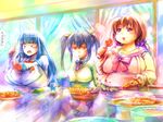  3girls artist_request black_hair blue_hair book breasts brown_hair chopsticks crossover danchizuma danchizuma01 debu_plus debutopia eating fat female food fuutou_shizune huge_breasts large_breasts long_hair multiple_girls orange_eyes oshioki_sweetie pink_eyes pizza pizza_and_the_little_bully school_uniform twintails watarai_chie 