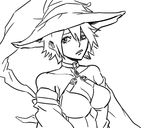  bare_shoulders barmelin_swattis_nolne bb_(baalbuddy) breasts cleavage detached_sleeves greyscale halter_top halterneck hat koukaku_no_regios medium_breasts monochrome short_hair solo witch_hat 