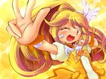  ;d blonde_hair bow bowtie brooch brown_choker choker cure_peace earrings eyelashes hair_flaps hair_ornament hairpin heart heart_background jewelry kise_yayoi long_hair magical_girl mio_atenako one_eye_closed open_mouth precure puffy_sleeves smile smile_precure! solo v yellow yellow_background yellow_bow yellow_eyes 