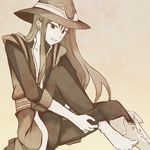  :d ayamisiro barefoot boots hat knee_boots long_hair male_focus monochrome open_mouth sepia shoes single_shoe smile solo tales_of_(series) tales_of_vesperia yuri_lowell 