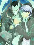  bad_id bad_pixiv_id bangs belt clenched_hand dual_persona glasses grey_eyes grey_hair inakani izanagi jacket looking_at_viewer loose_clothes loose_shirt multiple_boys narukami_yuu open_clothes open_jacket persona persona_4 school_uniform shirt short_hair yasogami_school_uniform yellow_eyes 