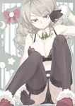  arm_up black_bra black_panties bra breasts cleavage detached_collar drill_hair frown fur_trim garter_belt grey_hair hand_on_ass large_breasts lingerie long_hair original panties purple_eyes sitting solo sun-3 thighhighs underwear underwear_only 