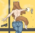  animal_ears ass back bb_(baalbuddy) blood crossover denim firing from_behind grand_theft_auto gun handgun hips holo jeans light_brown_hair long_hair lowleg lowleg_pants muzzle_flash pants pistol shell_casing solo spice_and_wolf tail toned topless weapon wolf_ears wolf_tail yellow_background 