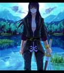  black_hair holding katana lake left-handed letterboxed long_hair male_focus ouri solo standing sword tales_of_(series) tales_of_vesperia tree water weapon yuri_lowell 