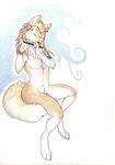  breasts canine eyes_closed female flute mammal musical_instrument nude solo soraslipheed traditional_media wolf 