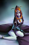  anklet blonde_hair blue_skin breasts bridal_gauntlets cleavage elise_trinh front_ponytail hood jewelry long_hair medium_breasts midna midna_(true) neon_trim orange_hair red_eyes sitting solo spoilers tattoo the_legend_of_zelda the_legend_of_zelda:_twilight_princess wariza 