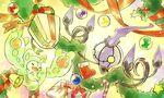  bow candy candy_cane chandelier chandelure christmas christmas_stocking fire gift good_frog nintendo no_humans pokemon present reuniclus simple_background stocking 