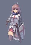  armor assassin's_creed_(series) black_legwear blue_background blue_eyes brown_hair chainmail cross fangdan_runiu holding knight knights_templar original over_shoulder pleated_skirt sheath shield short_hair simple_background skirt smile solo sword thighhighs wading water weapon 