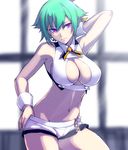  aquarion_(series) aquarion_evol bad_id bad_pixiv_id bare_shoulders breasts cleavage cleavage_cutout green_hair large_breasts midriff pose purple_eyes risutan short_hair short_shorts shorts solo wrist_cuffs zessica_wong 