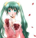  bare_shoulders blush clenched_hand flower green_eyes green_hair hatsune_miku izumi_chiro long_hair looking_at_viewer petals rose simple_background solo tears twintails vocaloid white_background 