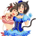  animal_ears bad_id bad_pixiv_id bell black_hair blue_gloves blush breasts brown_eyes brown_hair cat_ears cat_tail cleavage fang glasses gloves hat idolmaster idolmaster_cinderella_girls kamijou_haruna maekawa_miku medium_breasts midriff multiple_girls navel one_eye_closed open_mouth ponytail ribbon short_hair tail warabeshi 