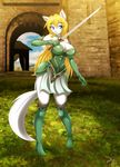  big_breasts blonde_hair blue_eyes boots breasts bustier canine choker cleavage clothed clothing cosplay detached_sleeves fantasy female gloves grass hair invalid_tag jessica_elwood laurel_(character) mammal medieval outside plantigrade skimpy skirt smile solo sword thigh_boots warrior weapon 