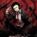  1boy adachi_tooru black_hair evil formal grin looking_at_viewer male_focus messy_hair necktie persona persona_4 pointing pointing_at_self smile solo spoilers squatting suit yellow_eyes 