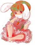  animal_ears bad_id bad_pixiv_id barefoot bunny_ears carrot carrot_necklace dress frilled_dress frills inaba_tewi jewelry kko necklace pendant red_eyes short_hair solo touhou younger 