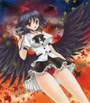  black_hair black_wings camera dutch_angle hat leaf looking_at_viewer low_wings maple_leaf marker_(medium) night night_sky open_mouth panties pantyshot pantyshot_(standing) red_eyes red_panties shameimaru_aya sky solo standing tegaki_no_yuu tokin_hat touhou traditional_media underwear wings 