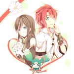  &gt;_&lt; 1girl bad_id bad_pixiv_id blue_eyes bouquet brown_hair closed_eyes coat creature flower gloves green_eyes kinoshita_neko long_hair luke_fon_fabre mieu red_hair tales_of_(series) tales_of_the_abyss tear_grants white_background 