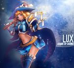  aqua_eyes blonde_hair blue_legwear boots gloves hat highres league_of_legends luxanna_crownguard midriff nal_(nal's_pudding) skirt solo sorceress_lux thigh_boots thighhighs witch_hat 