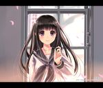  black_hair blush chitanda_eru hyouka kazuharu_kina letterboxed long_hair looking_at_viewer neckerchief petals purple_eyes school_uniform smile solo upper_body watermark web_address window 