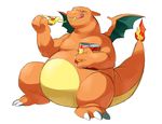  bag charizard cheese chips eating fat fire food good_frog nintendo no_humans pizza pokemon simple_background wings 