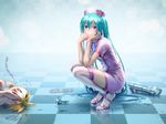  1girl aqua_hair blush buttons checkered checkered_floor covering_face crying dress ear_blush feet full-face_blush garters gloves gloves_removed hat hatsune_miku high_heels highres kagamine_len long_hair nurse nurse_cap rubber_gloves ruined_for_marriage shoes short_dress smile solo_focus speculum squatting syringe thighhighs twintails very_long_hair vocaloid wallpaper water white_legwear wokada 