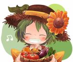  1nenmono ascot basket blush carrot chibi child closed_eyes cucumber eggplant flower food green_hair grin hat hat_flower hat_ribbon kazami_yuuka musical_note ribbon shirt short_hair smile solo straw_hat sunflower tomato touhou vest 