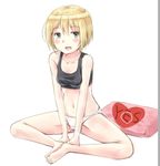  :d arm_support bad_id bad_pixiv_id bare_shoulders barefoot blonde_hair blush butterfly_sitting cameltoe collarbone erica_hartmann full_body green_eyes groin kino_(kino_buro) looking_at_viewer navel open_mouth panties pillow short_hair simple_background sitting smile solo strike_witches tank_top underwear v_arms white_background white_panties world_witches_series yes yes-no_pillow 