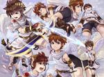  1boy belt bike_shorts blue_eyes blush bow_(weapon) brown_hair bulge covering eyes_closed fingerless_gloves from_below frown gloves highres kid_icarus kujiranohane lying male male_focus multiple_boys multiple_persona multiple_views nintendo on_side open_mouth pit pit_(kid_icarus) sandals scarf short_hair sleeping smile tunic weapon wings 