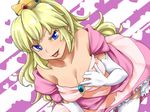  :p bare_shoulders blonde_hair blue_eyes breasts cleavage crown dress elbow_gloves garter_straps gloves long_hair looking_at_viewer mario_(series) medium_breasts pink_dress princess_peach smile solo super_mario_bros. thighhighs tongue tongue_out undressing uneven_eyes yassy_(yasikoz2008) 