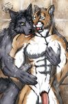  anthro balls biceps blue_eyes canine cougar couple duo exz fangs feline flaccid from_behind fur gay gripping grope holding interspecies licking male mammal muscles nude pecs penis rain sheath standing teeth toned tongue tongue_out water wolf yellow_eyes 