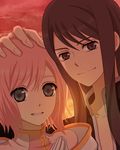  1girl ak0130 black_hair dated estellise_sidos_heurassein grey_eyes hand_on_another's_head hands_together long_hair looking_at_viewer own_hands_together pink_hair smile tales_of_(series) tales_of_vesperia yuri_lowell 
