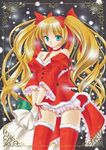  bare_shoulders bloomers brown_hair detached_sleeves fur_trim green_eyes long_hair marker_(medium) neck_ribbon original red_legwear ribbon sack santa_costume solo tegaki_no_yuu thighhighs traditional_media twintails underwear very_long_hair 