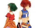  1girl armlet back_bow bad_id bad_pixiv_id belt blue_eyes bow brown_eyes choker crop_top cropped_jacket farah_oersted gloves green_hair midriff navel pikkoro_(euko) red_choker red_hair ribbon rid_hershel serious short_hair tales_of_(series) tales_of_eternia white_background 