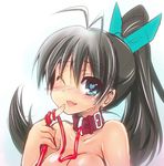  antenna_hair black_hair blue_eyes blush bow breasts cleavage collar ganaha_hibiki hair_bow heart heart-shaped_pupils idolmaster idolmaster_(classic) large_breasts leash long_hair nude one_eye_closed ponytail sen_(astronomy) smile solo symbol-shaped_pupils 